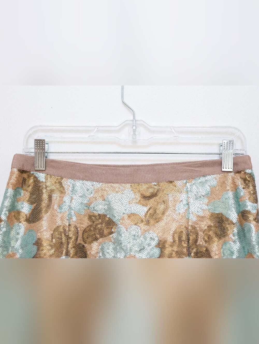 NWT Sequin Mini Skirt Size M Floral Metallic Gold Bronze Blue Retro Fall Glam - Picture 3 of 6